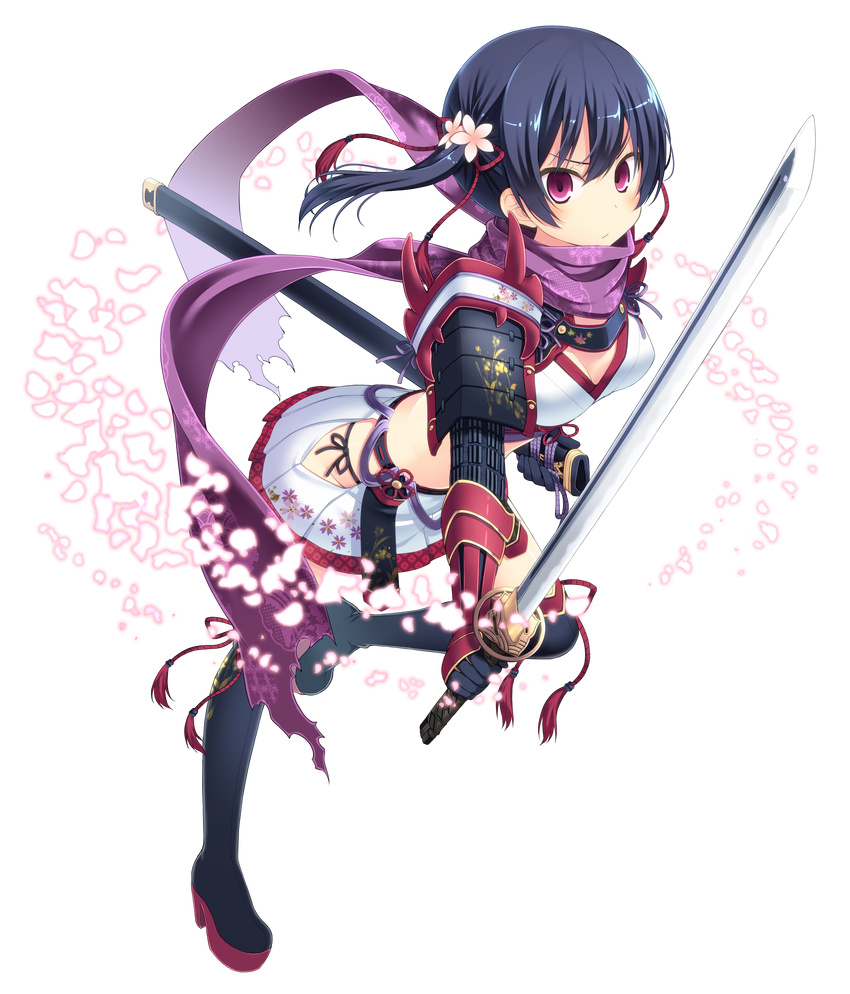 absurdres amamiya_minato armor bad_id bad_pixiv_id black_hair breasts cherry_blossoms cleavage female floral_print full_body highres japanese_armor japanese_clothes katana kote medium_breasts original purple_eyes scarf sheath short_hair shoulder_armor side_ponytail sode solo sword thighhighs transparent_background unsheathed weapon