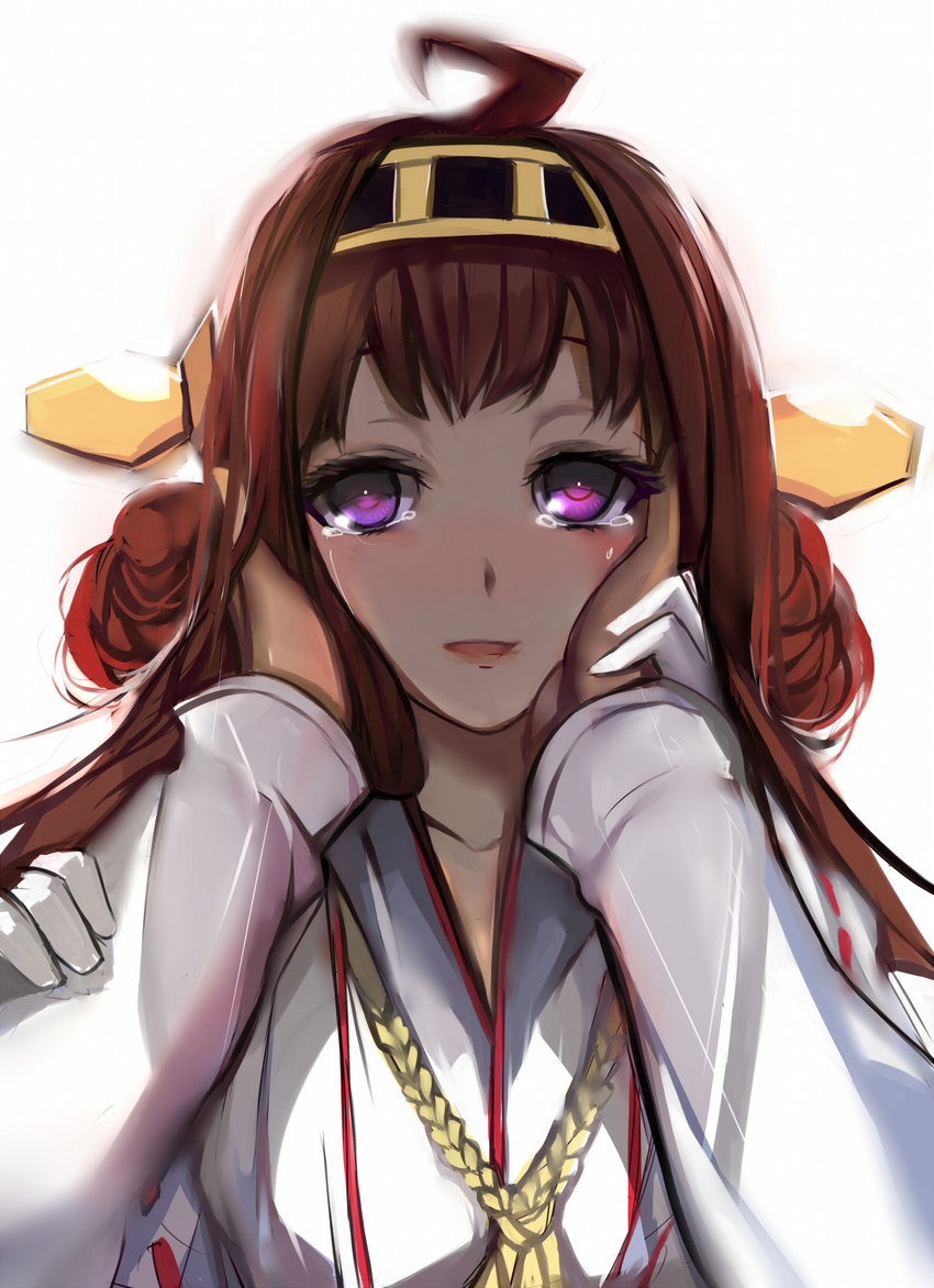 ahoge blush brown_hair commentary_request female gloves hands hands_on_another's_cheeks hands_on_another's_face highres kantai_collection kongou_(kancolle) nontraditional_miko purple_eyes solo_focus sound_tamashi tears white_gloves