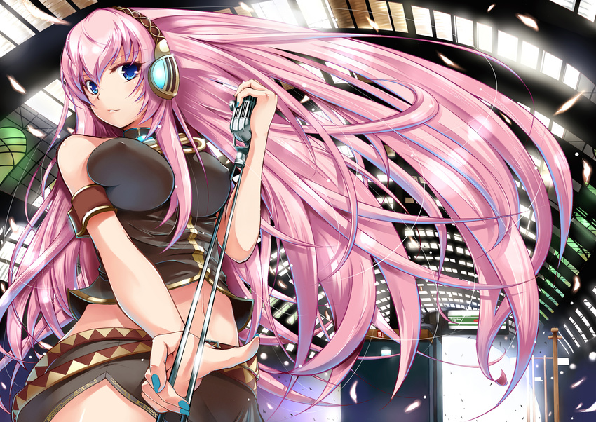 bare_shoulders blue_eyes breasts female headphones highres impossible_clothes impossible_shirt indoors large_breasts long_hair megurine_luka microphone microphone_stand midriff nail_polish navel pink_hair shirt skirt solo very_long_hair vocaloid wallpaper yuki_mizore