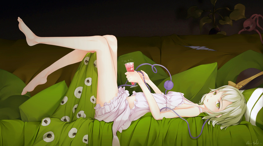 an-telin artist_name bad_id bad_pixiv_id bare_legs barefoot commentary cup drinking_glass female from_side green_eyes green_hair hat highres ke-ta_(style) komeiji_koishi komeiji_satori legs_up looking_at_viewer looking_back lying on_back open_mouth photoshop_(medium) short_hair solo third_eye touhou underwear unworn_hat unworn_headwear