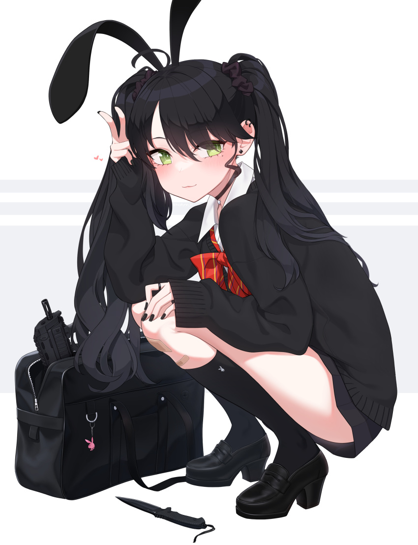 absurdres animal_ears bag black_choker black_footwear black_hair black_nails black_socks bow bowtie cardigan choker earrings fake_animal_ears female green_eyes heart high_heels highres jewelry kneehighs loafers long_hair looking_at_viewer mole mole_under_eye narynn original rabbit_ears school_bag school_uniform shoes skirt sleeves_past_wrists smile socks solo squatting twintails v