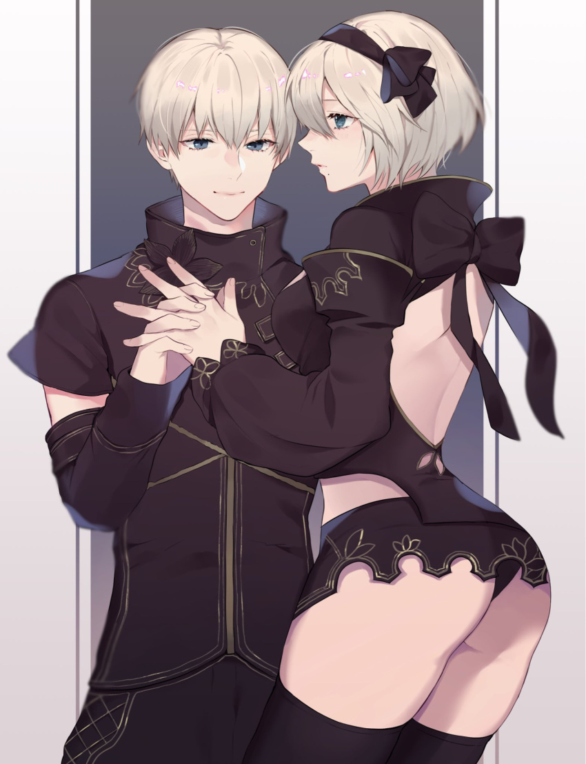 1boy 2b_(nier:automata) 9s_(nier:automata) alternate_costume ass backless_dress backless_outfit bad_id bad_twitter_id black_bow black_dress black_hairband black_pants black_sleeves black_thighhighs blue_eyes bow breasts clothing_request commentary_request cowboy_shot detached_sleeves dress female gloves grey_background grey_hair hairband hand_up highres holding_hands interlocked_fingers large_breasts long_sleeves looking_at_another mole mole_under_mouth nier:automata nier_(series) pants puffy_sleeves shimatori_(sanyyyy) short_dress short_hair skindentation smile straight thighhighs white_background white_hair