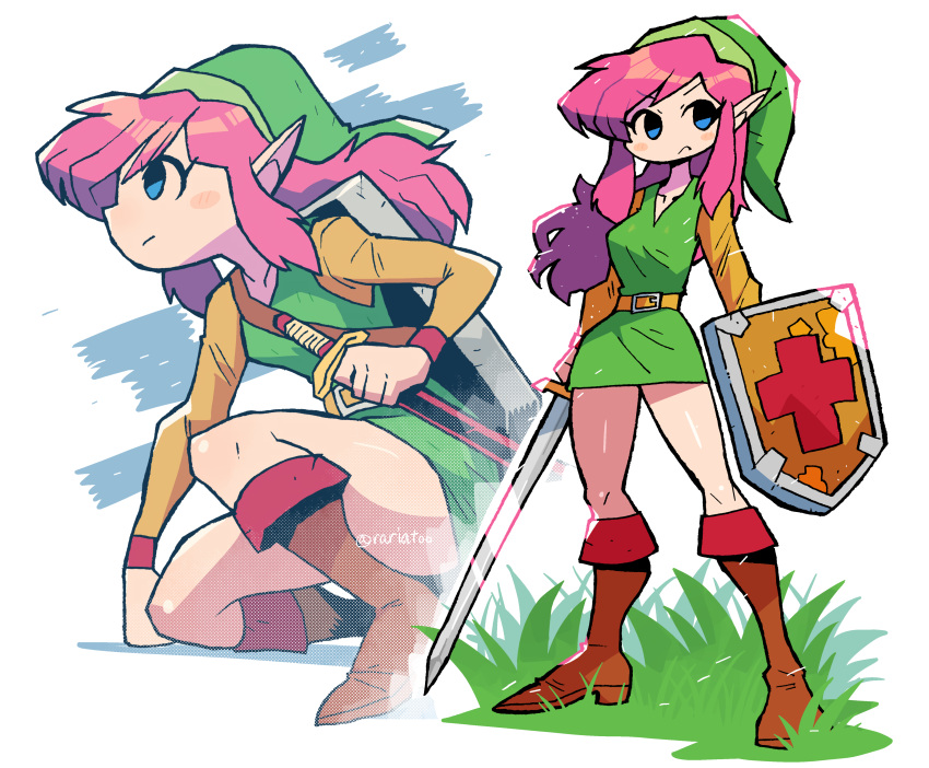 absurdres belt blue_eyes blush_stickers boots brown_belt brown_footwear closed_mouth dress female frown grass green_dress green_headwear hat highres holding holding_sword holding_weapon link_(shounen_captain) multiple_views one_knee pink_hair rariatto_(ganguri) standing sword the_legend_of_zelda weapon