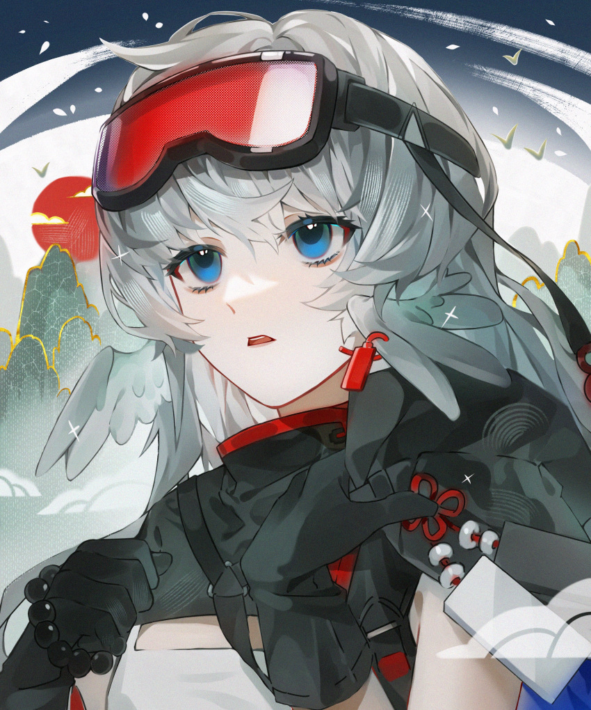 absurdres arknights bead_bracelet beads bird black_capelet black_gloves blue_eyes bracelet bracelet_removed capelet feather_hair female gloves goggles goggles_on_head grey_hair hair_between_eyes hands_up highres holding jewelry mountain mulberry_(arknights) parted_lips portrait red_sun sha_dan_shu shirt short_hair solo teeth upper_teeth_only white_shirt