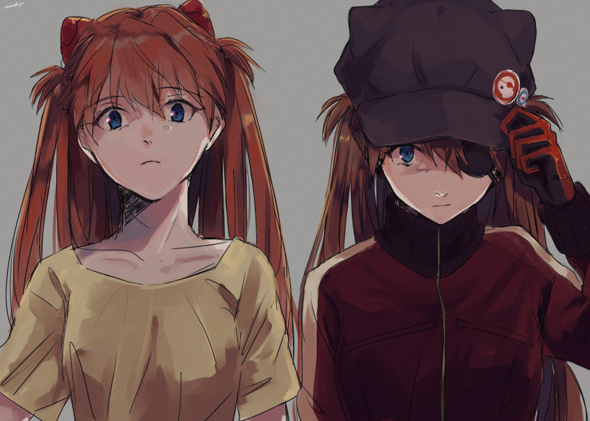 absurdres badge baseball_cap black_headwear blue_eyes bodysuit button_badge evangelion:_3.0+1.0_thrice_upon_a_time eyepatch female gloves grey_background hat highres jacket kuzuya_ramurin looking_at_viewer multiple_views neon_genesis_evangelion orange_hair plugsuit rebuild_of_evangelion red_bodysuit red_jacket shirt signature simple_background souryuu_asuka_langley t-shirt track_jacket upper_body yellow_shirt