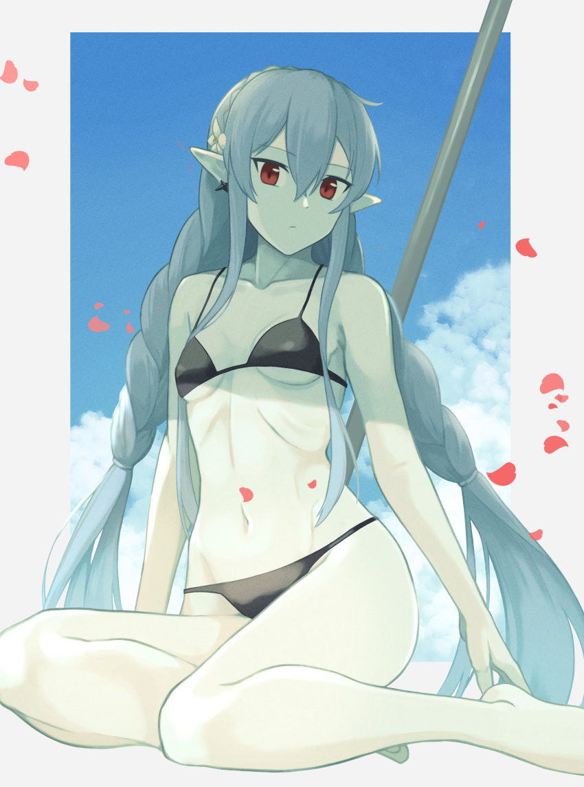 absurdres arknights bare_arms bare_legs bare_shoulders barefoot bikini black_bikini braid breasts commentary_request female grey_hair hair_between_eyes head_tilt highres long_braid long_hair mutsuki_albino navel official_alternate_costume partial_commentary petals pointy_ears red_eyes sidelocks sitting small_breasts solo stomach swimsuit thighs twin_braids very_long_hair warfarin_(arknights) warfarin_(casual_vacation)_(arknights) yokozuwari