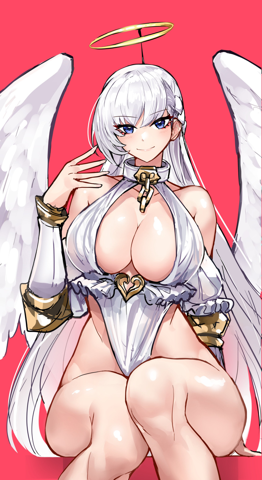 absurdres angel_wings azur_lane belfast_(azur_lane) blue_eyes braid breasts casul choker cleavage cleavage_cutout clothing_cutout collarbone dress elbow_gloves female gauntlets gloves halo highres large_breasts long_hair looking_at_viewer red_background revealing_clothes simple_background sitting solo swept_bangs white_dress white_hair wings