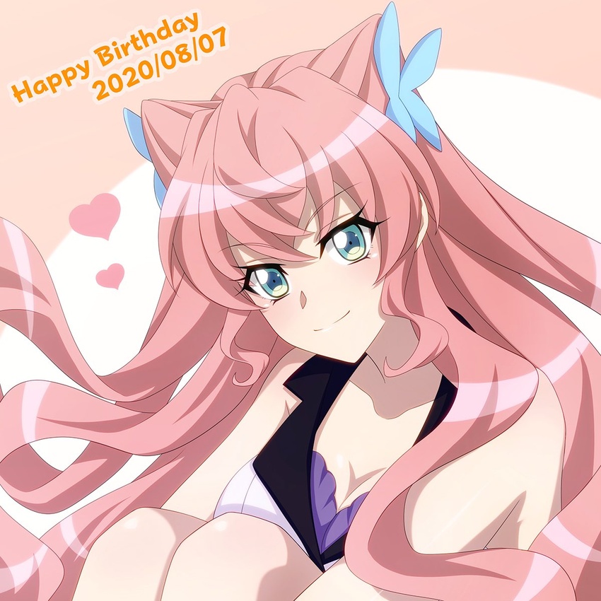 2020 blue_eyes breasts cleavage closed_mouth collarbone dated female floating_hair hair_between_eyes hair_ornament happy_birthday heart highres hugging_own_legs long_hair looking_at_viewer maria_cadenzavna_eve medium_breasts miona_yui pink_hair senki_zesshou_symphogear sitting sleeveless smile solo very_long_hair