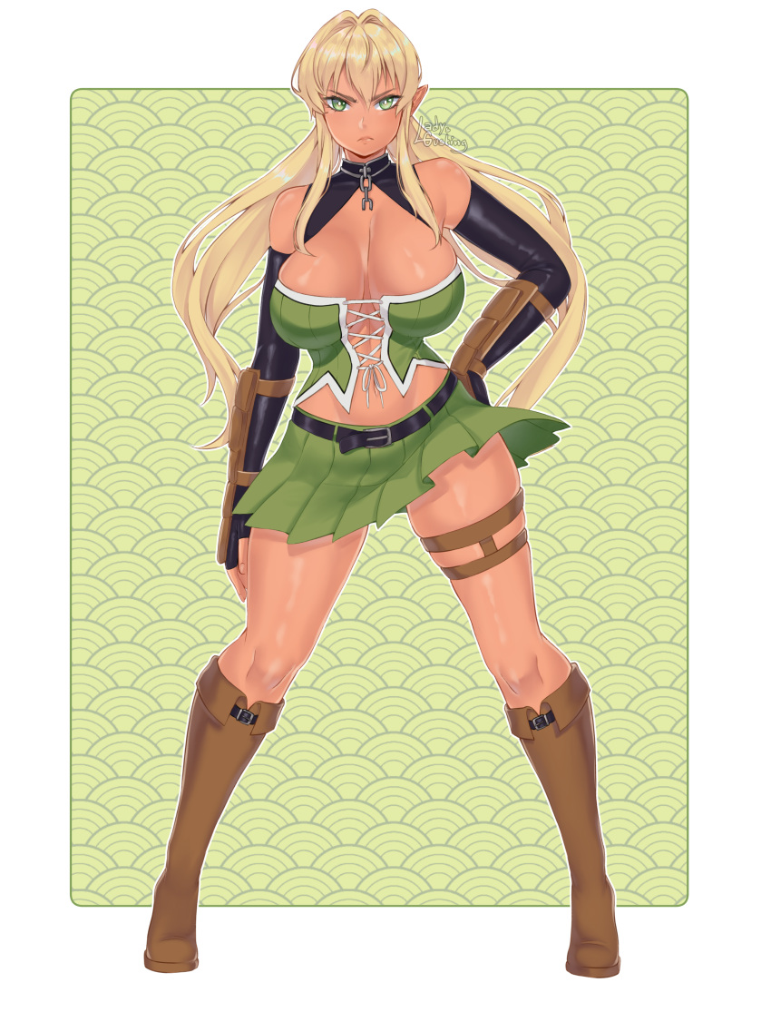 absurdres artist_name belt_buckle bent blonde_hair boots border breasts broken broken_chain buckle chains dark-skinned_female dark_elf dark_skin elbow_gloves elf female fingerless_gloves full_body gloves green_eyes hair_between_eyes highres knee_boots ladysgusting large_breasts looking_at_viewer miniskirt mixed-language_commentary navel original pointy_ears skirt solo standing thigh_strap transparent_border watermark