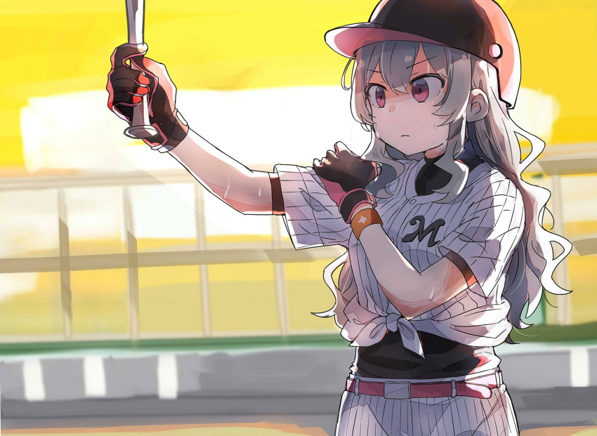 backlighting baseball baseball_bat baseball_helmet baseball_jersey baseball_stadium baseball_uniform belt belt_buckle black_gloves black_shirt blonde_hair blurry blurry_background buckle buttons chiba_lotte_marines closed_mouth evening female fud gloves hair_between_eyes hand_on_own_arm hands_up helmet highres holding holding_baseball_bat jersey long_hair looking_away nippon_professional_baseball orange_sky outstretched_arm pants pink_belt pink_eyes pink_gloves playing_sports red_headwear saijou_claudine shirt short_sleeves shoujo_kageki_revue_starlight sidelocks sky solo sportswear standing sweat sweatband tied_shirt two-tone_gloves undershirt upper_body v-shaped_eyebrows wavy_hair white_pants white_shirt wristband