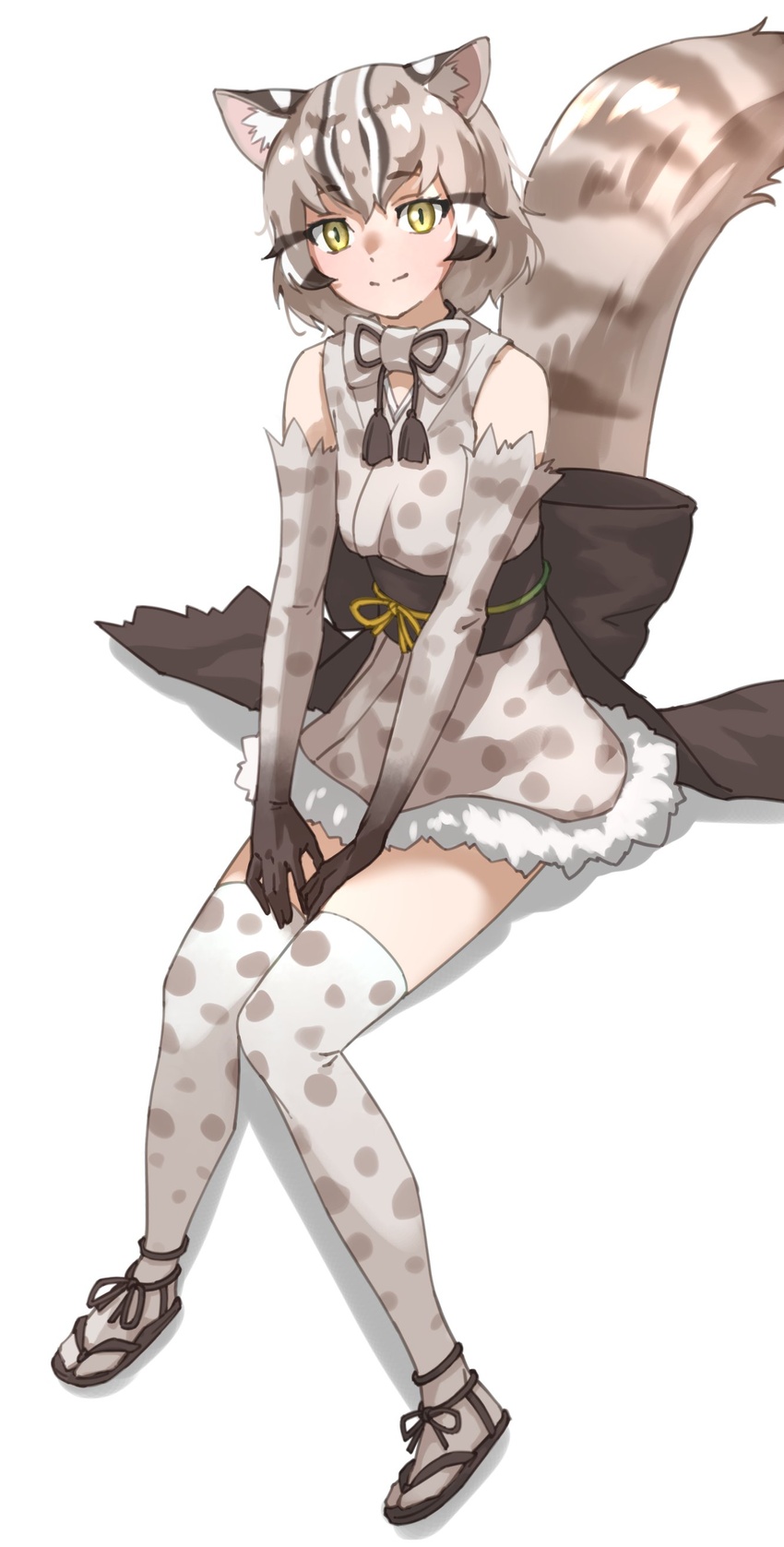 absurdres animal_ears animal_print back_bow bare_shoulders bow cat_ears cat_girl cat_print cat_tail commentary elbow_gloves female fur_trim gloves grey_hair high-waist_skirt highres kemono_friends looking_at_viewer multicolored_hair print_gloves print_shirt print_skirt print_thighhighs sandals shirt short_hair sidelocks simple_background sitting skirt sleeveless solo tail tanabe_(fueisei) thighhighs tsushima_leopard_cat_(kemono_friends) white_background yellow_eyes zettai_ryouiki