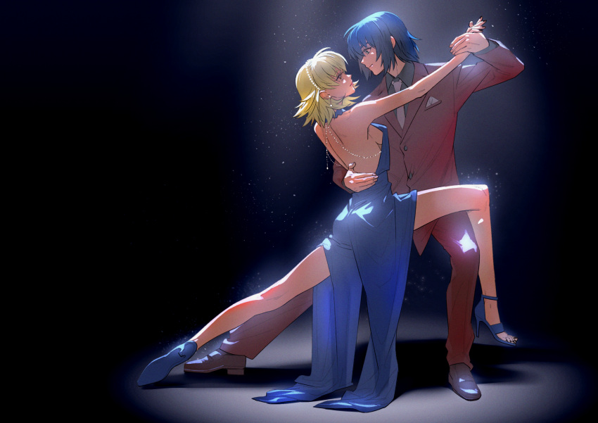 1boy athrun_zala backless_dress backless_outfit bad_id bad_pixiv_id black_background black_dress black_nails black_shirt blonde_hair blue_footwear blue_hair breasts cagalli_yula_athha closed_mouth collared_shirt couple dancing dress earrings eye_contact feathers female gundam gundam_cafe gundam_seed high_heels highres holding_hands jacket jewelry looking_at_another medium_breasts nail_polish necktie nito_minatsuki pants pumps red_jacket red_pants shirt short_hair shoulder_blades side_slit sideboob sleeveless sleeveless_dress smile straight tango white_necktie wing_collar