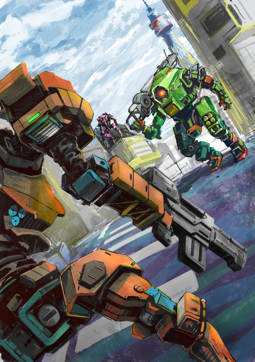 3others absurdres armored_core building cloud cloudy_sky commentary_request crossover day glowing glowing_eye glowing_eyes gun highres holding holding_gun holding_weapon ion_(titanfall_2) machinery mecha mecha_focus mecha_request monarch_(titanfall_2) multiple_others nagaoka_kihei no_humans one-eyed open_hand orange_eyes outdoors over_shoulder robot science_fiction sky splitter_rifle titan_(titanfall) titanfall_(series) titanfall_2 trait_connection vanguard_(titanfall_2) weapon weapon_over_shoulder