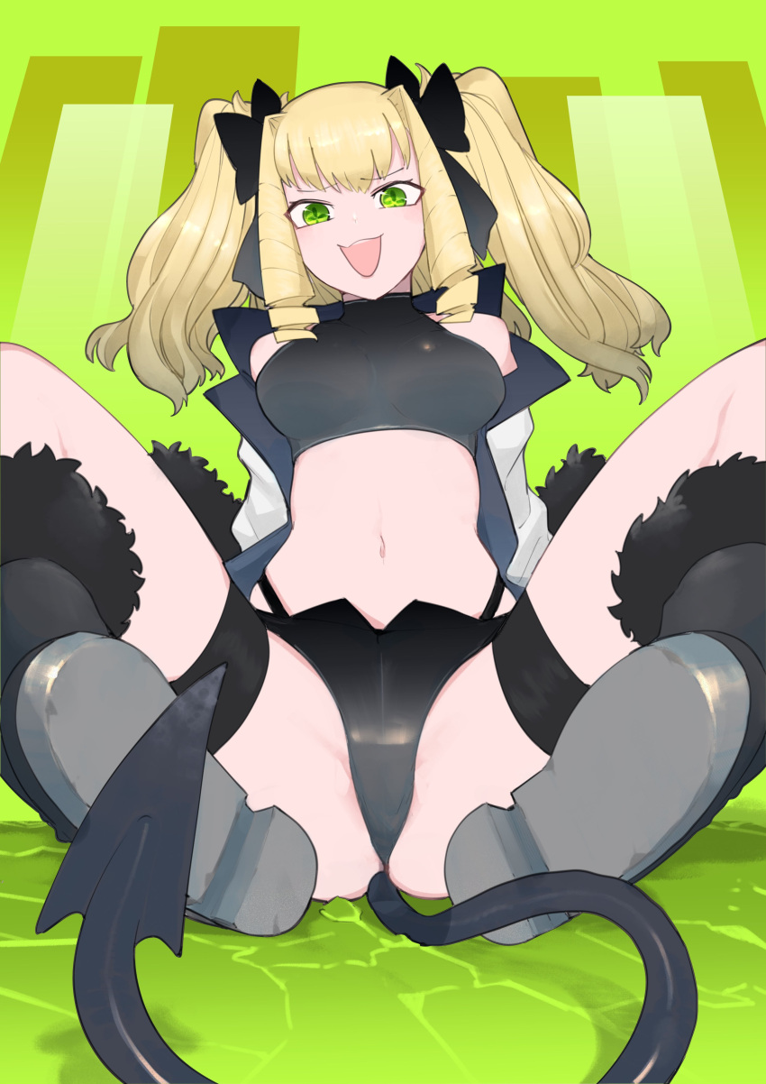 +_+ :d absurdres ass bare_shoulders black_panties black_shorts blonde_hair boots bow breasts commentary crop_top crosshair_pupils demon_tail drill_hair female giant giant_ojou-sama giantess green_eyes hairbow halterneck highleg highleg_panties highres jacket looking_at_viewer medium_breasts medium_hair micro_shorts midriff navel nikukaiq open_clothes open_jacket panties panties_under_shorts reclining shorts sitting smile solo spread_legs stella_(giant_ojou-sama) symbol-only_commentary tail thigh_strap thighs two_side_up underwear