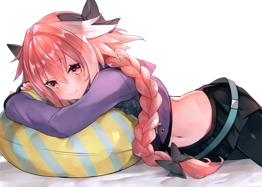 1boy absurdres astolfo_(fate) astolfo_(memories_at_trifas)_(fate) black_bow black_pantyhose black_skirt blush bow braid crop_top fate/apocrypha fate_(series) hair_intakes hair_ribbon hairbow highres jacket long_hair long_sleeves looking_at_viewer lying male_focus midriff multicolored_hair navel oerba_yun_fang official_alternate_costume on_stomach otoko_no_ko outdoors pantyhose pink_hair purple_eyes purple_jacket purple_shirt ribbon shirt single_braid skirt smile solo streaked_hair suzuho_hotaru