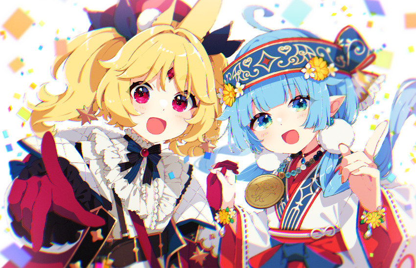 2girls :d ahoge ainu ainu_clothes aldin_nicola belt belt_buckle blonde_hair blue_eyes blue_hair brown_belt buckle center_frills commentary confetti flower flower-shaped_pupils forehead_jewel frills gloves hair_flower hair_ornament highres holding_hands interlocked_fingers jacket kokoroni_nonno long_hair long_sleeves mamyouda multiple_girls open_clothes open_jacket pointing pointing_at_viewer red_eyes red_gloves red_jacket seventh_happiness shirt short_eyebrows simple_background smile symbol-shaped_pupils thick_eyebrows twintails virtual_youtuber white_background white_flower white_shirt wide_sleeves yellow_flower