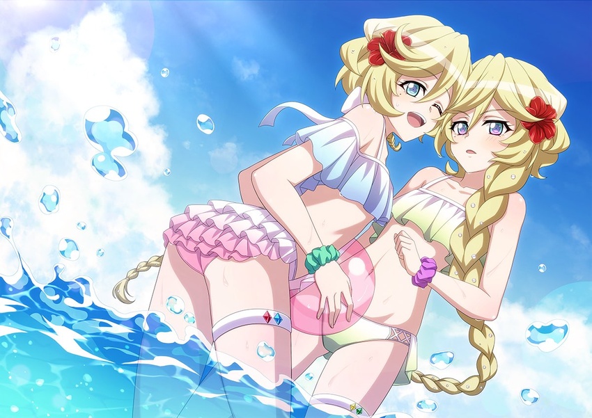 2girls ;d aqua_scrunchie ball beachball bikini blonde_hair blue_eyes blue_sky braid braided_ponytail carol_malus_dienheim cloud collarbone day elfnein flat_chest floating_hair flower gradient_bikini hair_between_eyes hair_flower hair_ornament hibiscus holding holding_ball layered_bikini long_hair miona_yui mole mole_under_eye multiple_girls one_eye_closed open_mouth outdoors purple_scrunchie red_flower scrunchie senki_zesshou_symphogear sky smile summer swimsuit thigh_strap very_long_hair wading wrist_scrunchie