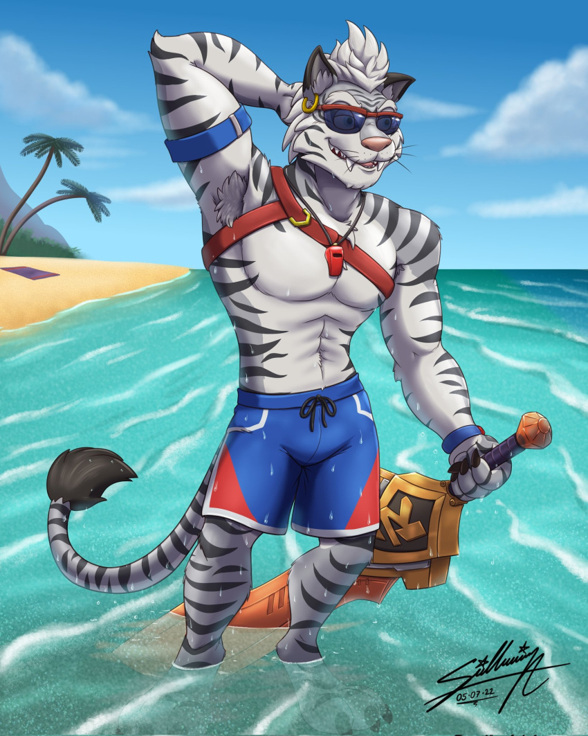 2022 5_fingers anthro beach blue_clothing blue_swimming_trunks blue_swimwear clothed clothing eyewear felid fingers fur hi-rez_studios hi_res island lifeguard male mammal melee_weapon paladins_(game) palm_tree pantherine plant sagadreams sea seaside signature solo striped_body striped_fur stripes sunglasses swimming_trunks swimwear sword tiberius_(paladins) tiger topless topless_anthro topless_male tree water weapon