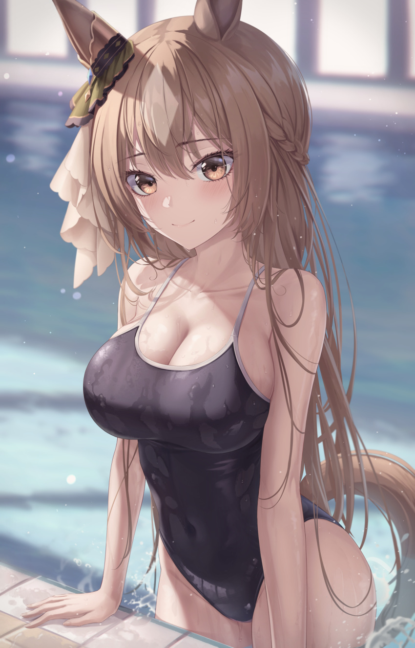 animal_ears bare_arms bare_shoulders black_one-piece_swimsuit braid breasts brown_eyes brown_hair cleavage collarbone commentary_request covered_navel ear_ornament female half_updo highres horse_ears horse_girl horse_tail large_breasts long_hair looking_at_viewer marinesnow one-piece_swimsuit pool satono_diamond_(umamusume) smile solo spaghetti_strap swimsuit tail thighs umamusume very_long_hair water wet wet_clothes wet_swimsuit