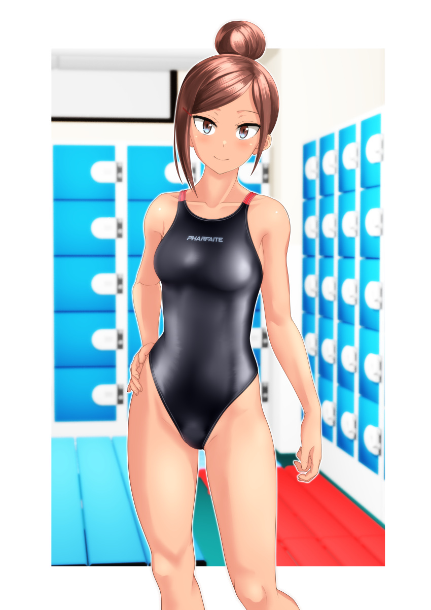 absurdres black_one-piece_swimsuit blue_eyes blurry blurry_background breasts brown_hair clothes_writing commentary_request commission competition_swimsuit cowboy_shot dark-skinned_female dark_skin dumbbell_nan_kilo_moteru? female hair_bun highres locker long_hair medium_breasts one-piece_swimsuit single_hair_bun solo standing swimsuit takafumi uehara_ayaka wooden_floor