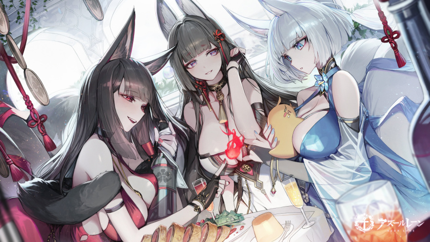 3girls absurdres akagi_(azur_lane) akagi_(ruby-laced_beauty)_(azur_lane) amagi_(azur_lane) amagi_(wending_waters_serene_lotus)_(azur_lane) animal_ear_fluff animal_ears azur_lane between_breasts black_gloves black_hair blue_dress blue_eyes blue_nails bottle breasts bridal_gauntlets brown_tail champagne_flute chyan cleavage cocktail_dress cup dress drinking_glass evening_gown fingerless_gloves fire food fork fox_ears fox_girl gloves halter_dress halterneck highres holding holding_bottle kaga_(azur_lane) kaga_(exalted_white_wings)_(azur_lane) kitsune large_breasts large_tail long_hair magic manjuu_(azur_lane) multiple_girls multiple_tails nail_polish official_alternate_costume official_art pudding purple_eyes red_dress red_eyes red_nails round_table sakura_empire_(emblem) see-through see-through_sleeves short_hair sitting sleeveless sleeveless_dress table tail white_hair white_tail