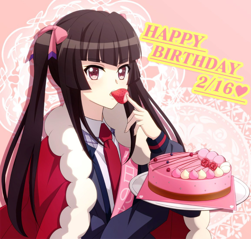 blunt_bangs bow brown_hair cake cape cardigan collared_shirt eating female floating_hair food fur-trimmed_cape fur_trim grey_cardigan hairbow happy_birthday heart holding holding_plate long_hair long_sleeves miona_yui necktie open_cardigan open_clothes pink_background pink_bow pink_eyes plate red_cape red_necktie senki_zesshou_symphogear shirt solo tsukuyomi_shirabe twintails upper_body very_long_hair white_shirt wing_collar