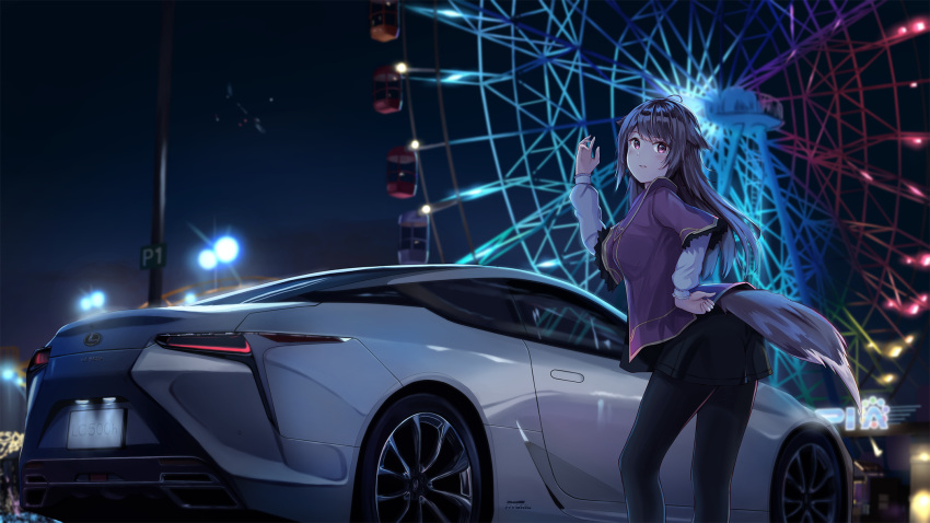 aircraft airplane black_pantyhose black_skirt blush car commentary commission female ferris_wheel fox_tail highres lamppost layered_sleeves lexus lexus_lc license_plate long_hair long_sleeves looking_back motor_vehicle night night_sky original outdoors pantyhose png_pant_(bus) purple_eyes purple_hair short_over_long_sleeves short_sleeves skeb_commission skirt sky solo tail vehicle_focus