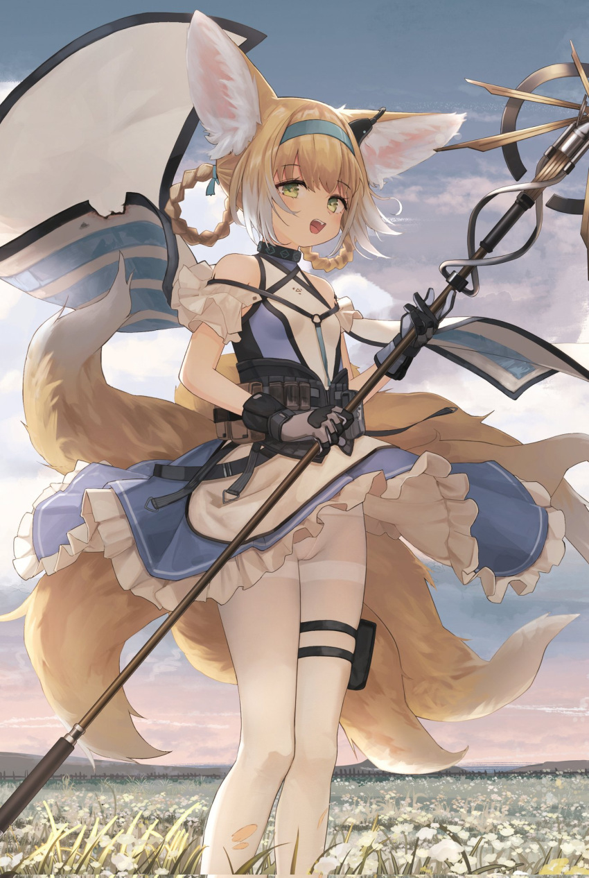 :d animal_ear_fluff animal_ears arknights bare_shoulders black_gloves blue_hairband blue_sky braid braided_hair_rings breasts clothes_lift collar corset day dress dress_lift earpiece feet_out_of_frame female field flower flower_field fox_ears fox_girl fox_tail frilled_dress frills gloves green_eyes hair_rings hairband highres holding holding_staff infection_monitor_(arknights) layered_dress material_growth multiple_tails no_panties off_shoulder open_mouth oripathy_lesion_(arknights) outdoors pantyhose pouch see-through short_sleeves sky small_breasts smile solo staff standing suzuran_(arknights) tail thigh_pouch thigh_strap thighband_pantyhose timitarcat torn_clothes torn_pantyhose two-tone_dress upskirt white_pantyhose wind wind_lift