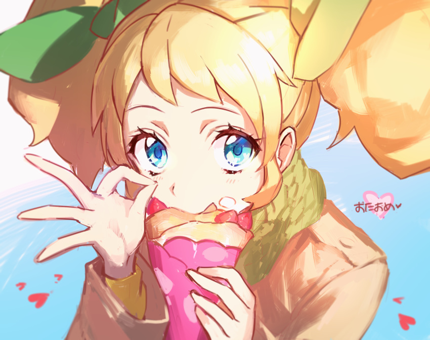 aikatsu! aikatsu!_(series) blonde_hair blue_eyes blush commentary cream cream_on_face crepe female food food_on_face fruit green_ribbons hair_ribbon happy_birthday heart highres holding holding_food looking_at_viewer ok_sign ribbon saegusa_kii simple_background solo strawberry twintails wata_(attaka_towel)