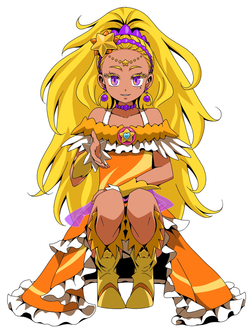 absurdres amamiya_elena blonde_hair collarbone colored_eyelashes cure_soleil dark-skinned_female dark_skin dress ebura_din female full_body hair_ornament highres jewelry long_hair looking_at_viewer mole mole_under_eye necklace orange_dress parted_lips ponytail precure purple_eyes simple_background solo squatting star_(symbol) star_hair_ornament star_twinkle_precure very_long_hair white_background yellow_footwear