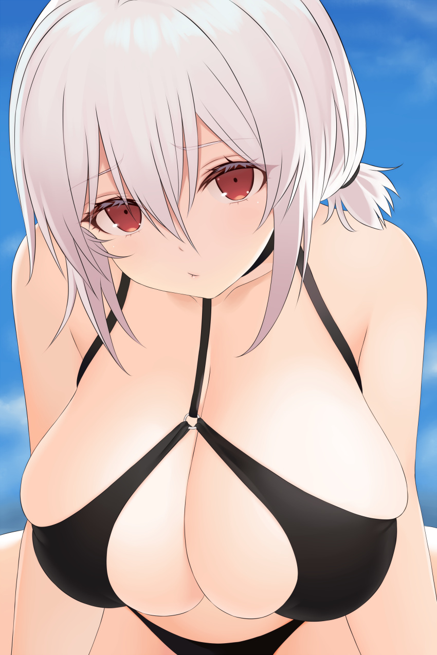 absurdres asamura_hiori azur_lane bare_shoulders bikini black_bikini black_choker blue_sky breasts choker collarbone commentary_request day female hair_between_eyes hanging_breasts highres huge_breasts looking_at_viewer o-ring o-ring_bikini o-ring_top official_alternate_costume outdoors red_eyes sirius_(azur_lane) sirius_(scorching-hot_seirios)_(azur_lane) sitting skindentation sky solo spread_legs swimsuit white_hair