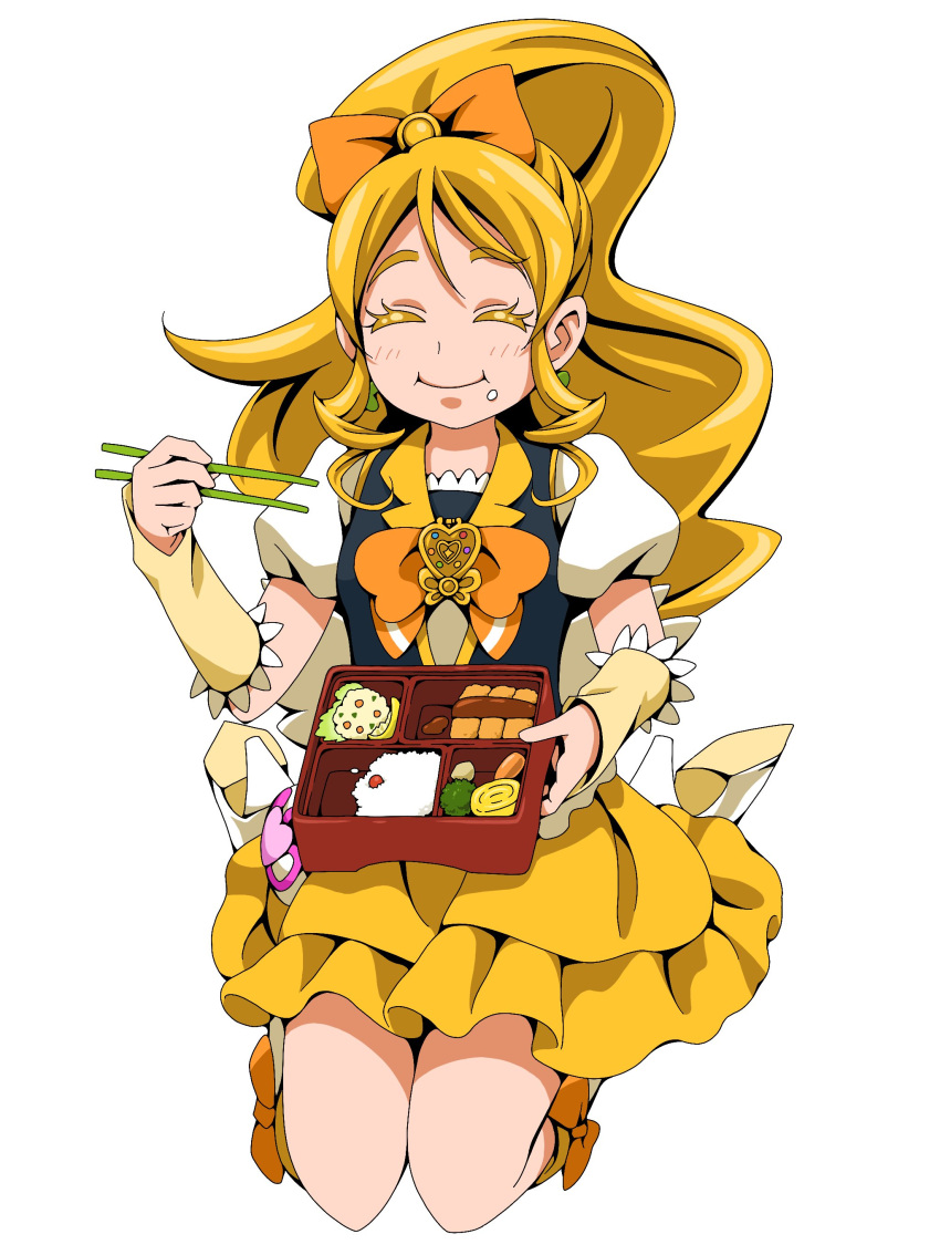 ^_^ absurdres black_vest blonde_hair bow brooch chopsticks closed_eyes clover_earrings colored_eyelashes cure_honey detached_sleeves earrings eating ebura_din facing_viewer female food food_on_face full_body hair_between_eyes hairbow happinesscharge_precure! heart heart_brooch high_heels highres holding holding_chopsticks jewelry kneeling long_hair miniskirt oomori_yuuko orange_bow precure rice rice_on_face short_sleeves simple_background skirt solo vest white_background white_sleeves yellow_skirt yellow_sleeves