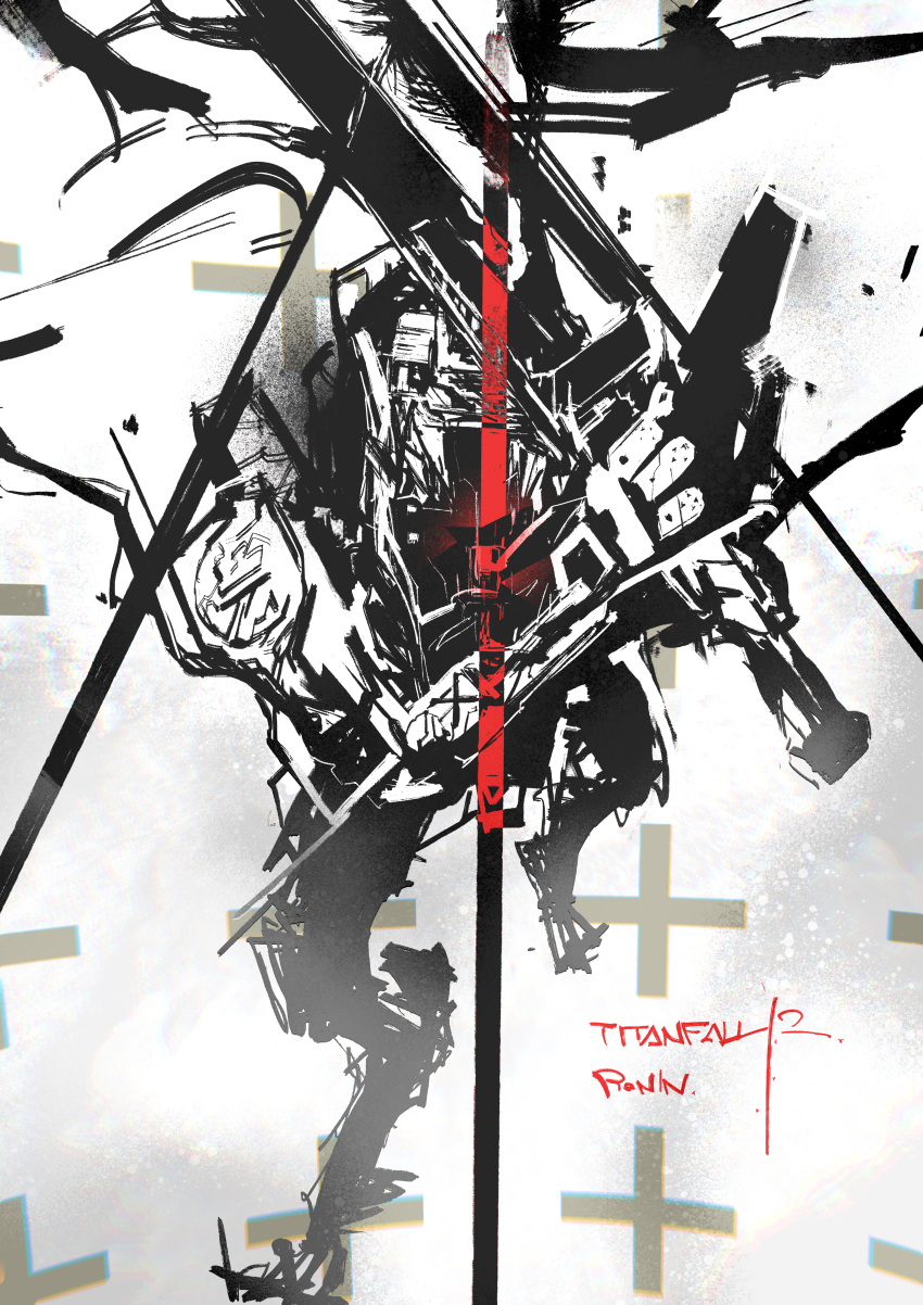 absurdres broadsword_(titanfall_2) character_name commentary_request copyright_name highres holding holding_sword holding_weapon looking_at_viewer mecha military military_vehicle monochrome no_humans robot ronin_(titanfall_2) running science_fiction shake_(shyakep) solo spot_color sword titan_(titanfall) titanfall_(series) titanfall_2 weapon