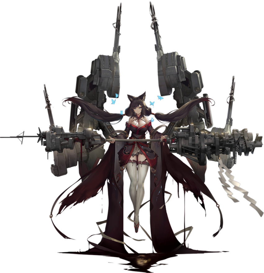 animal_ears azur_lane black_hair black_kimono blue_eyes breasts bug butterfly cat_ears cleavage female full_body fusou_(azur_lane) fusou_(meta)_(azur_lane) hair_ornament highres japanese_clothes kimono large_breasts long_hair looking_at_viewer mkiiiiii official_art rigging solo staff transparent_background