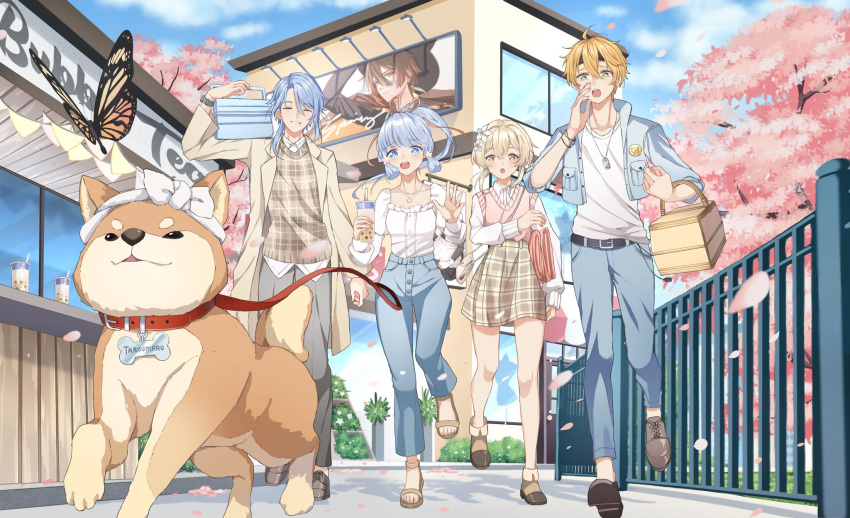 2boys 2girls ahoge alternate_costume blonde_hair blue_eyes blue_hair blue_pants blue_sky blunt_bangs brother_and_sister brown_hair bubble_tea bug building butterfly canine casual cherry_blossoms clair_in_wonderland cloud commentary cup day denim disposable_cup drinking_straw english_commentary falling_petals fence flower genshin_impact green_eyes hair_flower hair_ornament highres jacket jeans jewelry kamisato_ayaka kamisato_ayato light_blue_hair lumine_(genshin_impact) medium_hair multiple_boys multiple_girls necklace open_clothes open_jacket open_mouth outdoors pants petals shiba_inu short_hair_with_long_locks siblings skirt sky taroumaru_(genshin_impact) thoma_(genshin_impact) tree white_flower yellow_eyes zhongli_(genshin_impact)