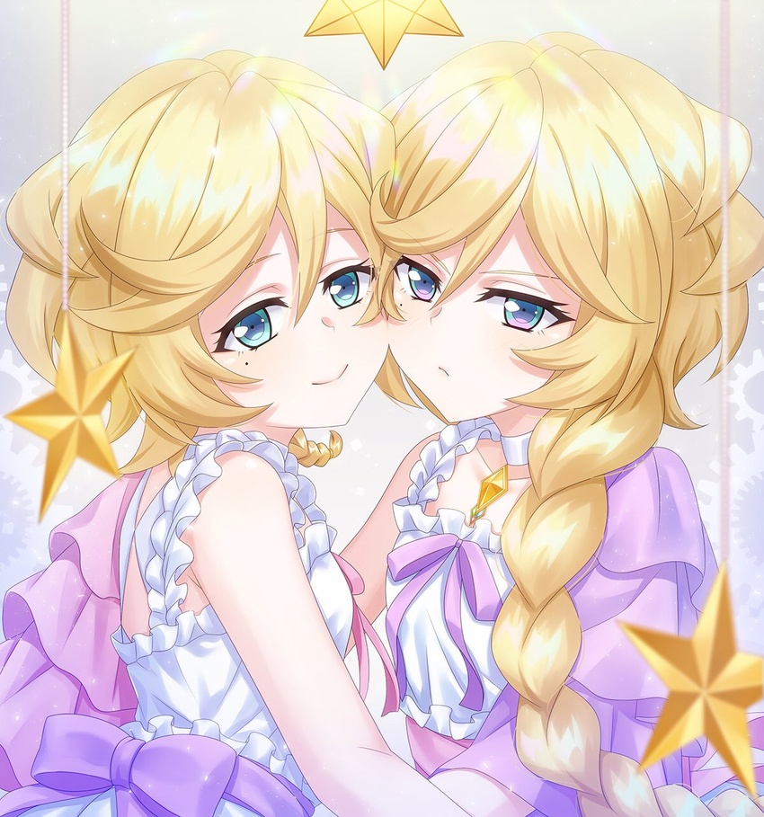 2girls blonde_hair blue_eyes bow braid braided_ponytail carol_malus_dienheim cheek-to-cheek choker closed_mouth collarbone elfnein frown hair_between_eyes heads_together highres long_hair looking_at_viewer medium_hair miona_yui mole mole_under_eye multiple_girls neck_ribbon pink_ribbon purple_bow purple_ribbon ribbon senki_zesshou_symphogear shirt sleeveless sleeveless_shirt smile upper_body very_long_hair white_choker white_shirt