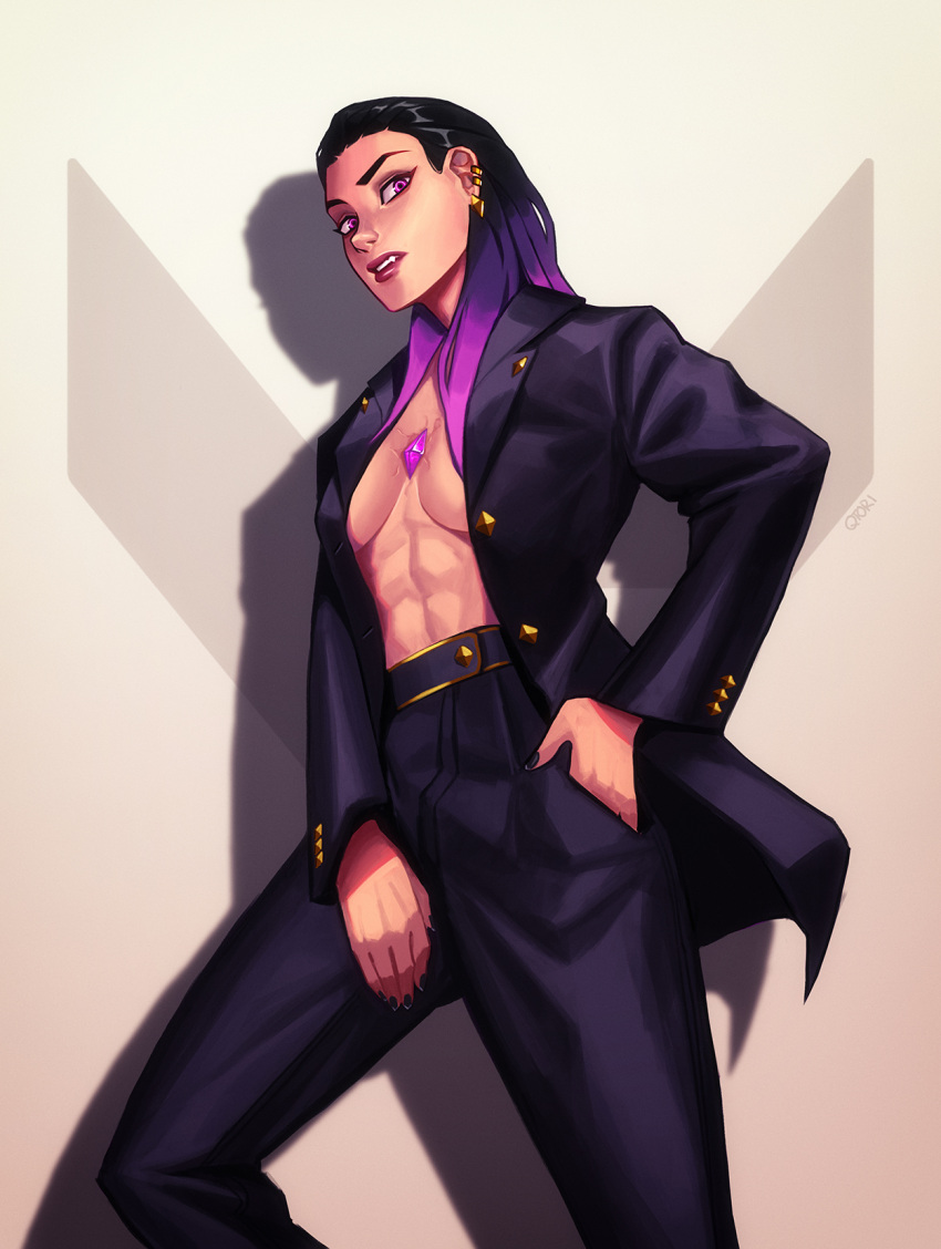 abs belt black_hair black_nails black_suit breasts earclip earrings english_commentary eyeliner female fingernails formal gem gradient_hair hair_slicked_back hand_in_pocket highres jacket jewelry lips long_hair looking_at_viewer makeup medium_breasts multicolored_hair no_bra nose oerba_yun_fang open_clothes open_jacket pant_suit pants purple_eyes purple_hair qtori reyna_(valorant) solo suit toned valorant