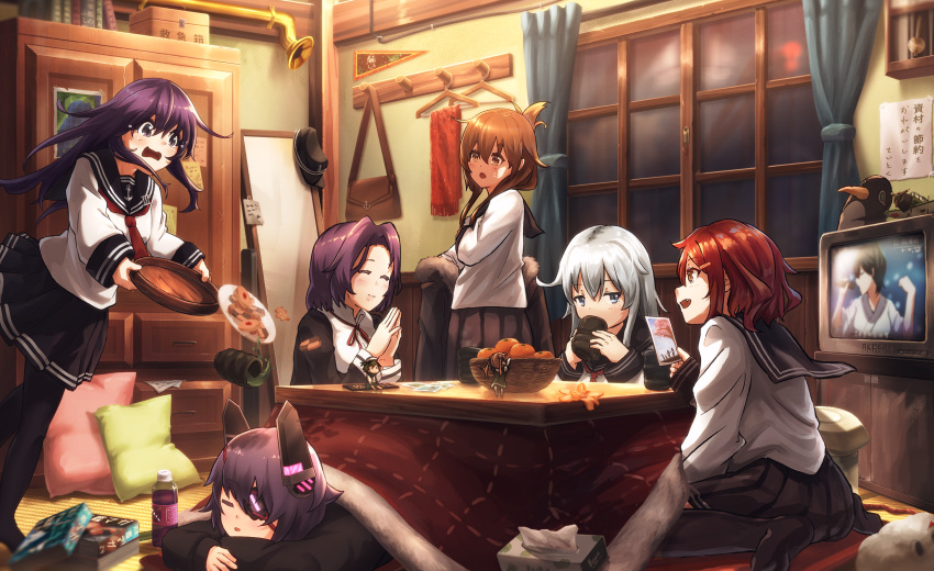 6+girls ^_^ aircraft airplane akatsuki_(kancolle) bag basket black_pantyhose black_sailor_collar black_skirt black_thighhighs blue_eyes bottle brown_eyes brown_hair clock closed_eyes closed_mouth coat_rack cookie cup door drinking dropping eyepatch failure_penguin fairy_(kancolle) first_aid_kit folded_ponytail food fringe_trim fruit fur-trimmed_jacket fur_trim green_tea grey_hair hair_between_eyes headgear hibiki_(kancolle) highres holding holding_cup holding_photo i-coat ikazuchi_(kancolle) inazuma_(kancolle) jacket kaga_(kancolle) kantai_collection kotatsu long_hair long_sleeves mandarin_orange manga_(object) multiple_girls neckerchief oerba_yun_fang open_mouth pantyhose photo_(object) pleated_skirt purple_eyes purple_hair red_neckerchief red_scarf sailor_collar scarf school_uniform serafuku short_hair skirt smile spilling table tatami tatsuta_(kancolle) tea tears television tenryuu_(kancolle) thighhighs tissue tissue_box tripping wall_clock wardrobe yunomi