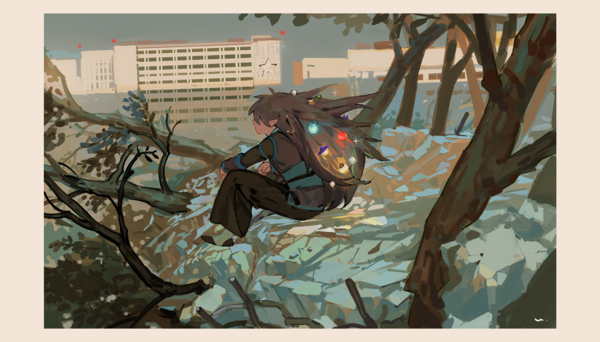 1boy black_hair border building commentary fengxi_(the_legend_of_luoxiaohei) glowing hair_ornament highres knees_up leaf long_hair long_sleeves luo_xiaohei_zhanji male_focus outdoors pointy_ears profile sitting solo symbol-only_commentary tree ukumo_uichi white_border wide_shot