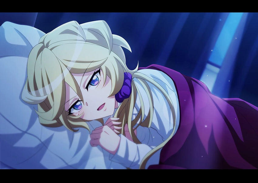 bedroom blonde_hair blue_eyes carol_malus_dienheim curtains female hair_between_eyes hair_ornament hair_scrunchie indoors letterboxed light_particles long_hair long_sleeves looking_at_viewer lying miona_yui mole mole_under_eye on_bed on_side open_mouth pillow pov_across_bed purple_scrunchie scrunchie senki_zesshou_symphogear shirt solo under_covers v-shaped_eyebrows white_shirt