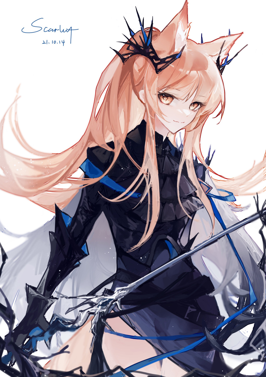 absurdres animal_ear_fluff animal_ears arknights artist_name ascot bad_id bad_twitter_id black_ascot black_dress blemishine_(arknights) blemishine_(moon_catastrborn)_(arknights) closed_mouth cowboy_shot crown dated dress female gauntlets highres holding holding_sword holding_weapon horse_ears long_hair official_alternate_costume orange_eyes orange_hair scarlett_(artist) sidelocks signature simple_background smile solo sword thigh_gap very_long_hair weapon white_background