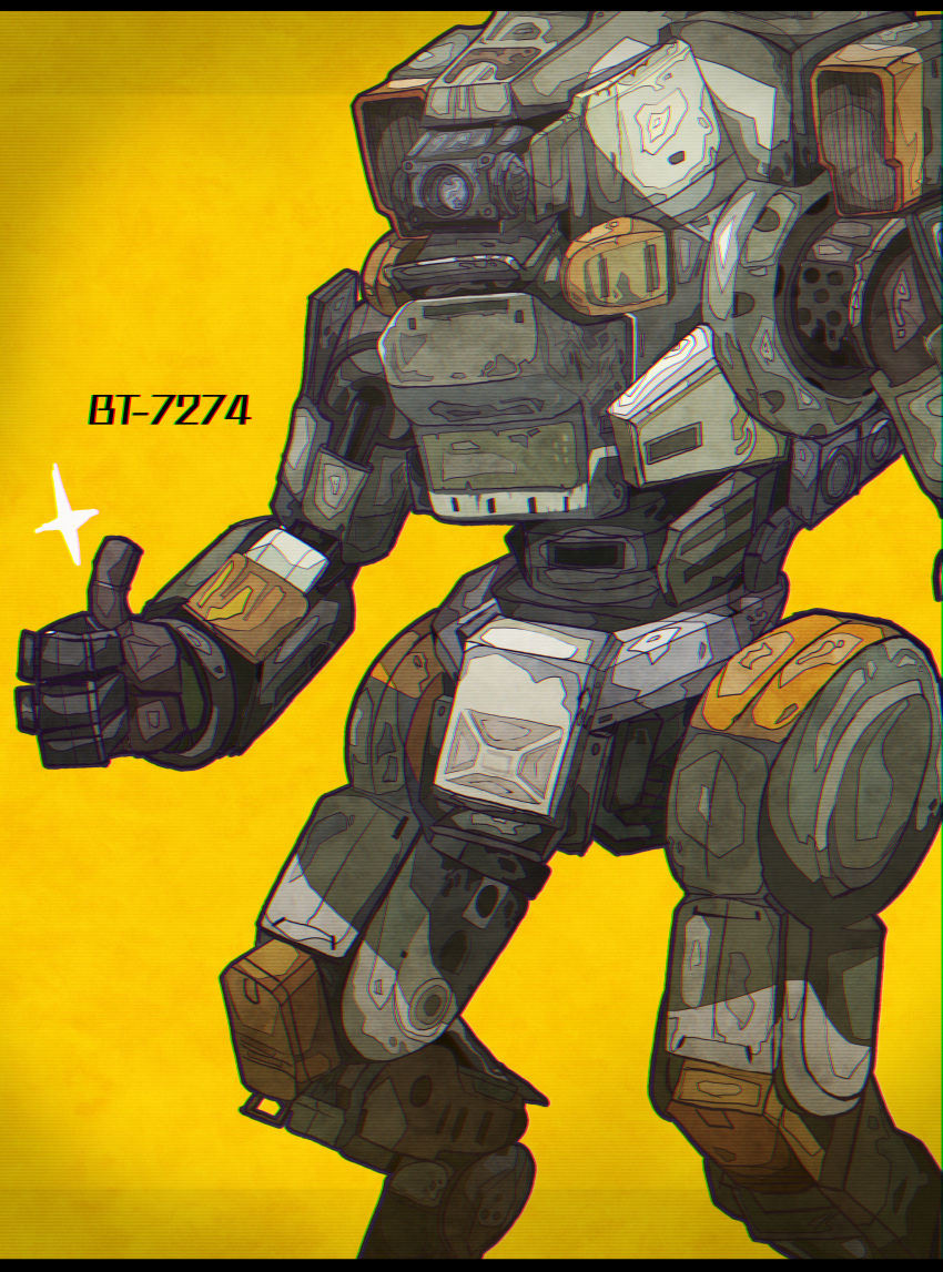 absurdres bt-7274 character_name chromatic_aberration commentary_request film_grain grey_eyes highres jhintoxlc looking_ahead mecha military military_vehicle no_humans one-eyed robot science_fiction solo sparkle thumbs_up titan_(titanfall) titanfall_(series) titanfall_2 yellow_background