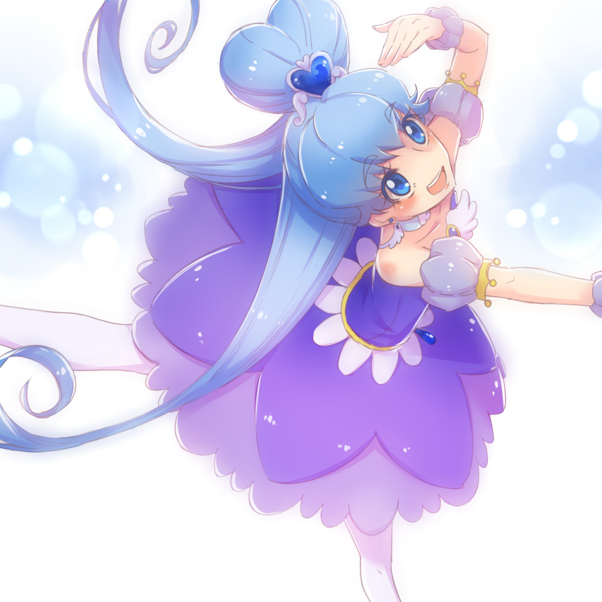 :d ballerina blue_background blue_dress blue_eyes blue_hair blue_neckwear blue_theme brooch choker commentary cure_princess cure_princess_(sherbet_ballet) dancing dress female hair_bun happinesscharge_precure! heart_hair_bun highres jewelry light_particles long_hair looking_at_viewer magical_girl nijigami_rin open_mouth pantyhose precure shirayuki_hime single_hair_bun smile solo standing standing_on_one_leg twintails white_pantyhose wing_brooch wing_earrings