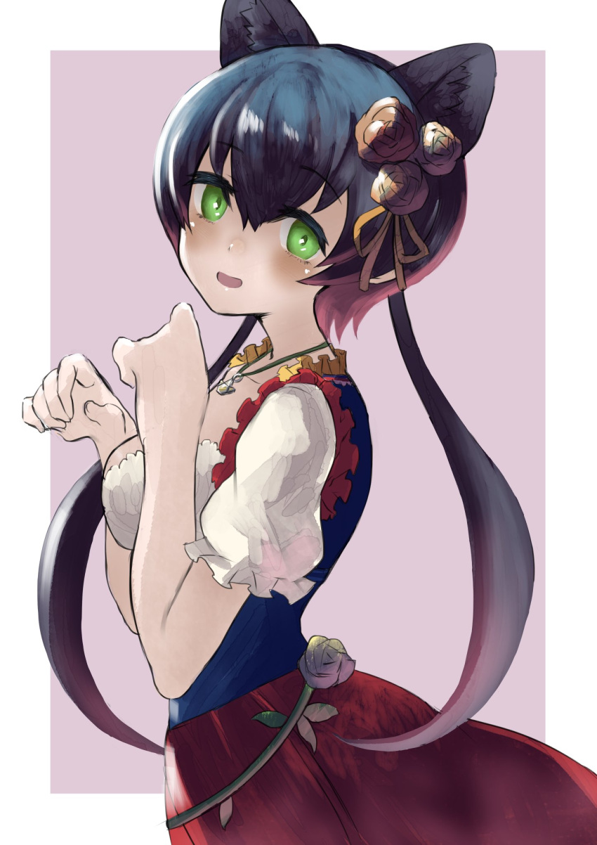 animal_ears black_hair black_leopard_(kemono_friends) blue_dress border collar commentary_request dirndl dress female flower frilled_collar frills gaga_(gamerakero) german_clothes green_eyes hair_flower hair_ornament highres jewelry kemono_friends kemono_friends_3 leopard_ears leopard_girl looking_at_viewer multicolored_clothes multicolored_dress necklace official_alternate_costume puffy_short_sleeves puffy_sleeves red_dress short_sleeves solo twintails upper_body white_border white_sleeves