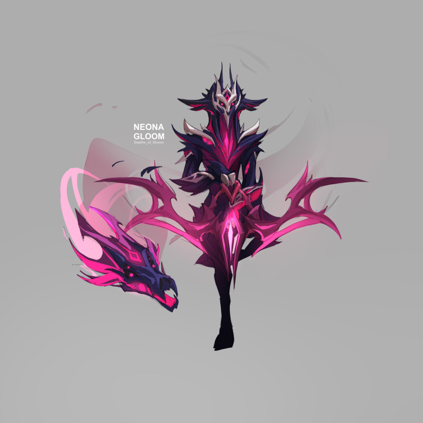 bow_(weapon) female floating grey_background highres holding holding_bow_(weapon) holding_weapon horns kindred_(league_of_legends) lamb_(league_of_legends) league_of_legends leg_up looking_at_viewer mask neona_gloom open_mouth pink_eyes sharp_teeth simple_background standing standing_on_one_leg teeth weapon wolf_(league_of_legends)