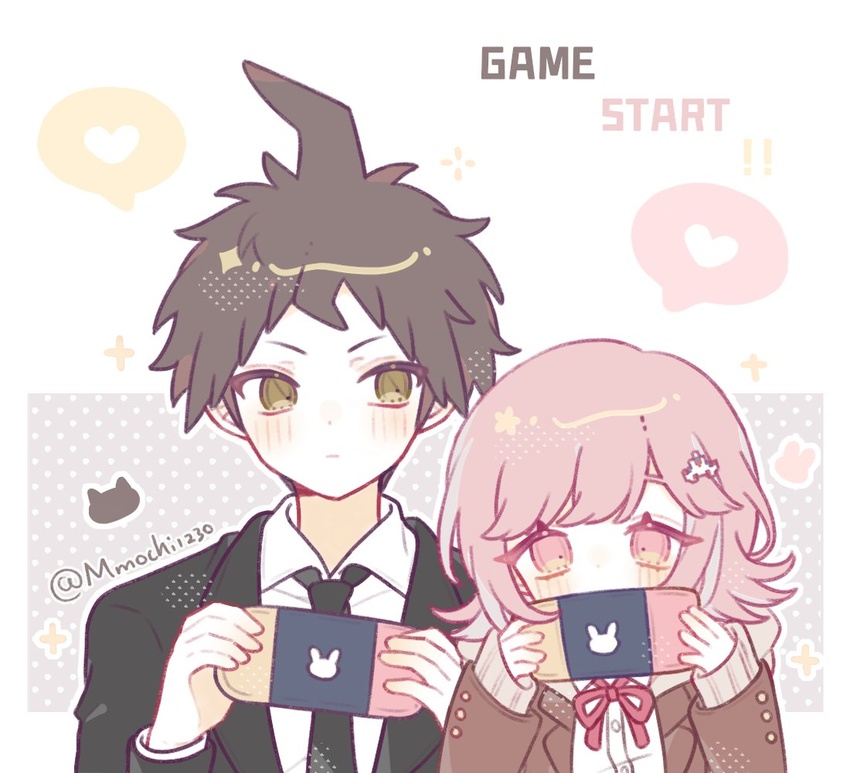 1boy black_jacket blush brown_eyes brown_hair brown_jacket closed_mouth collared_shirt commentary_request couple danganronpa_(series) danganronpa_3_(anime) dress_shirt female flipped_hair formal galaga hair_ornament handheld_game_console hands_up heart hinata_hajime holding holding_handheld_game_console hood hood_down hope's_peak_academy_school_uniform jacket looking_at_another mao_gao_gao medium_hair nanami_chiaki necktie nintendo_switch open_clothes open_jacket pink_eyes pink_hair playing_games ribbon school_uniform shirt short_hair spaceship_hair_ornament spoken_heart straight twitter_username white_shirt wing_collar