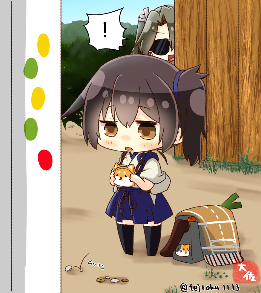 ! 2girls artist_name bag blue_hakama blush brown_eyes brown_hair chibi coin coin_purse commentary_request day green_hair hair_ribbon hajimete_no_otsukai hakama hakama_short_skirt hakama_skirt highres holding japanese_clothes kaga_(kancolle) kantai_collection long_hair mini_person minigirl multiple_girls open_mouth outdoors ribbon side_ponytail skirt spoken_exclamation_mark standing sunglasses taisa_(kari) twintails zuikaku_(kancolle)