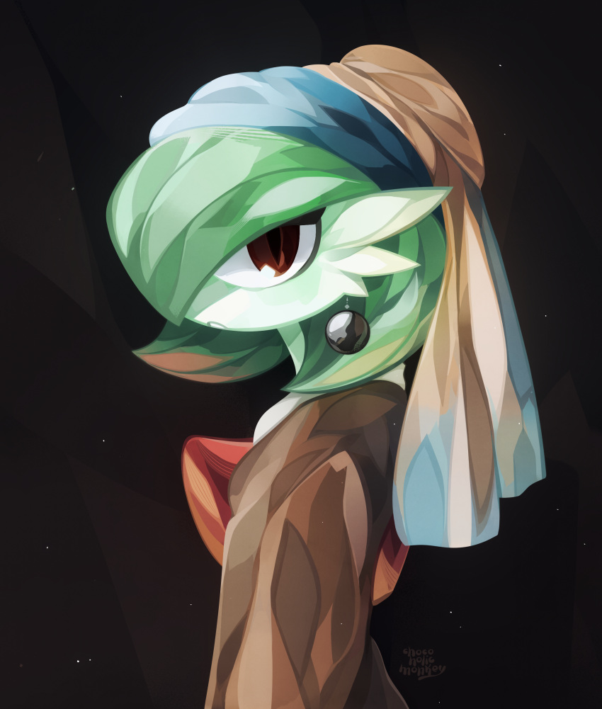 absurdres brown_eyes brown_shirt chocoholicmonkey earrings fine_art_parody gardevoir girl_with_a_pearl_earring highres jewelry looking_at_viewer parody pokemon pokemon_(creature) shirt solo sphere_earrings three_quarter_view upper_body