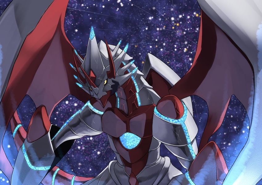 bandai_namco canoweissmon digimon digimon_(species) digimon_ghost_game dragon horn male mythological_creature mythological_scalie mythology ryoattw scalie sky solo star starry_sky tail white_body wings yellow_eyes