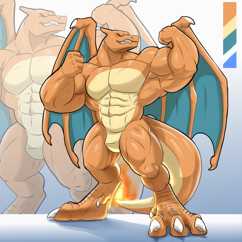 1:1 abs anthro biceps big_biceps biped blue_eyes charizard claws dragon fangs featureless_crotch fire flaming_tail flexing flexing_bicep flexing_biceps flexing_muscles generation_1_pokemon hi_res horn looking_aside male muscular muscular_anthro muscular_arms muscular_legs muscular_male muscular_thighs mythological_creature mythological_scalie mythology nintendo orange_body orange_scales orange_skin palette pecs pokemon pokemon_(species) pose scales scalie serratus sharp_teeth solo spiked_wings spikes spikes_(anatomy) tail teeth valentinesartx wings